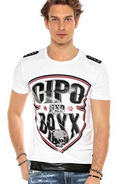 Cipo & Baxx Herren T-Shirt Ausgefallen Logomotiv Rundhals Kurzarm Freizeit Shirt CT539 Weiß L von Cipo & Baxx