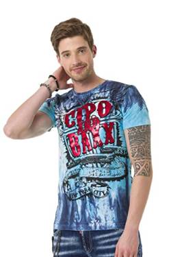 Cipo & Baxx Herren T-Shirt Baumwolle Print Ausgefallen Rundhals Freizeitshirt CT686 Blau S von Cipo & Baxx