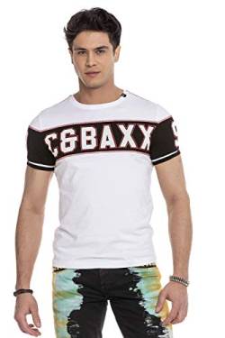 Cipo & Baxx Herren T-Shirt Kurzarm Farbblock Streifen Print Schrift Rundhals Shirt Klassisch CT631 Weiß M von Cipo & Baxx