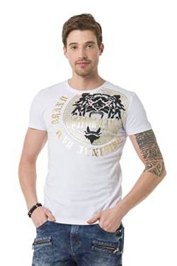 Cipo & Baxx Herren T-Shirt Löwen Print Kurzarm Strasssteinen Streetwear Rundhals Party Freizeit Shirt CT676 White XXL von Cipo & Baxx