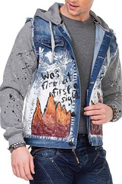 Cipo & Baxx Jeans Jacke Denim Übergangsjacke Biker Jacke Sweatjacke Print Jacket Kapuzenjacke Blau Gr.L von Cipo & Baxx