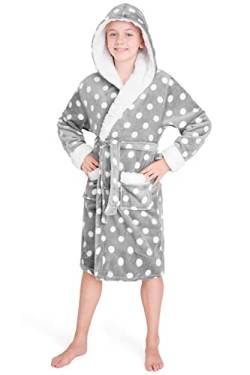 CityComfort Bademantel Kinder Mädchen, Fleece Morgenmantel Kinder Dressing Gown mit Punkten(Grau, 13-14 Jahre) von CityComfort