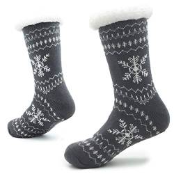 CityComfort Hausschuhe Slipper-Socken für Herren mit Sherpa-Wollschicht-Bettpantoffeln für den Menschen rutschfeste norwegische,Graue Weiße Schneeflocken,41/46 EU von CityComfort