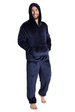 CityComfort Herren Pyjama Lang, Herren Schlafanzug Camouflage, Fleece Hoodie und Schlafhose Set, Pyjama Herren und Teenager Jungen M-2XL (Navy blau, XL) von CityComfort