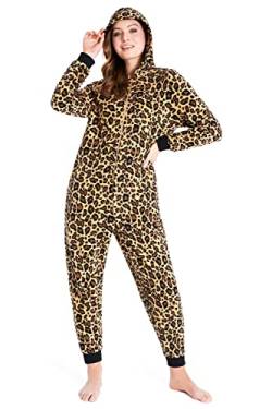 CityComfort Jumpsuit Damen Kuschelig Fleece Einteiler Schlafanzug Onesie Damen S-XL (Braun Leopard, S) von CityComfort