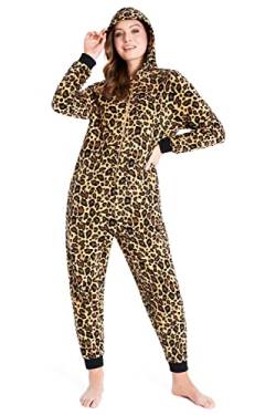 CityComfort Jumpsuit Damen Kuschelig Fleece Einteiler Schlafanzug Onesie Damen S-XL (Braun Leopard, XL) von CityComfort