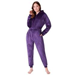 CityComfort Jumpsuit Damen Kuschelig Fleece Einteiler Schlafanzug Onesie Damen S-XL (Dunkelviolett, L) von CityComfort