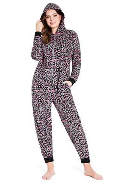 CityComfort Jumpsuit Damen Kuschelig Fleece Einteiler Schlafanzug Onesie Damen S-XL (Rosa Leopard, M) von CityComfort