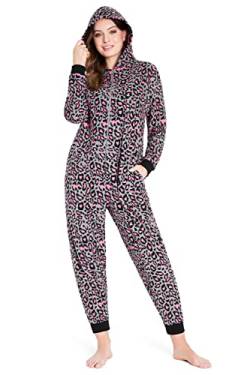 CityComfort Jumpsuit Damen Kuschelig Fleece Einteiler Schlafanzug Onesie Damen S-XL (Rosa Leopard, S) von CityComfort