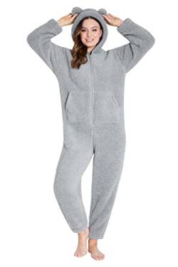 CityComfort Jumpsuit Damen Kuschelig Fleece Onesie Damen Flauschig S-XL (Grau, L) von CityComfort