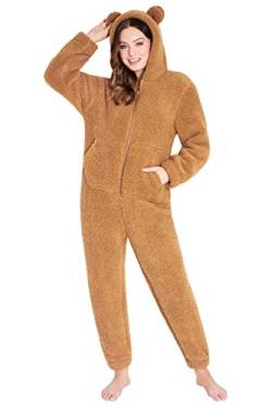 CityComfort Jumpsuit Damen Kuschelig Fleece Onesie Damen Flauschig S-XL (Teddy Braun, L) von CityComfort