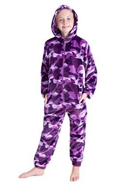 CityComfort Onesie Kinder Fleece Overall Jumpsuit Schlafanzug Jungen Mädchen Extra Weich Einteiler Ganzkörperanzug Schlafoverall Pyjama Strampelanzug 7-14 Jahre (Lila Tarnfarben, 11-12 Jahre) von CityComfort