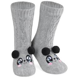 CityComfort Rutschfeste Socken Damen und Teenager in Gr. 37-41 - Kuschelsocken Damen - Sherpa-gefüttert mit Anti-Rutsch-Punkten (Grau Panda) von CityComfort