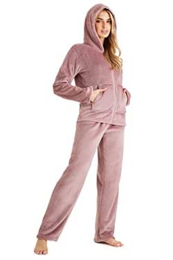 CityComfort Schlafanzug Damen, Polar Fleece Pyjama Für Frauen, Warme Nachtwäsche Und Hausanzug Damen (M, Altrosa) von CityComfort