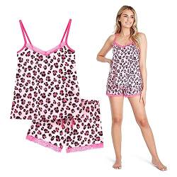 CityComfort - Schlafanzug Damen Kurz Set, 2-Teilig Damen Schlafanzug, Baumwolle Schlafanzüge für Damen, Bequem Nachtwäsche Damen Set Mit Eleganten Spitzendetails, Rosa Leopard, Groß von CityComfort