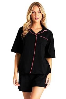 CityComfort Schlafanzug Damen Kurz Set - Baumwoll Pyjama Damen Kurz mit Button-Up Shirt - Damen Schlafanzug Kurz Kurzer Schlafanzug Damen Nachtwäsche & Loungewear (Schwarz/Rosa, XL) von CityComfort