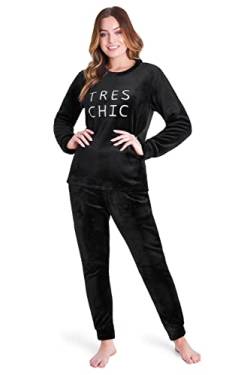 CityComfort Schlafanzug Damen Lang, Fleece Pyjama Damen Hausanzug Kuschelig (L, Schwarz) von CityComfort