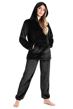 CityComfort Schlafanzug Damen Lang Flauschig Warm Winter Fleece Pyjama Damen Hausanzug Kuschelig (L, Schwarz) von CityComfort