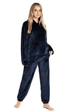 CityComfort Schlafanzug Damen Lang Flauschig Warm Winter Fleece Pyjama Damen Hausanzug Kuschelig (M, Navy Blau) von CityComfort