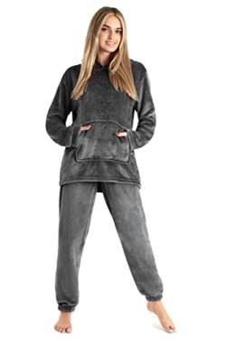 CityComfort Schlafanzug Damen Lang Flauschig Warm Winter Fleece Pyjama Damen Hausanzug Kuschelig (M, Schimmer Anthrazit) von CityComfort