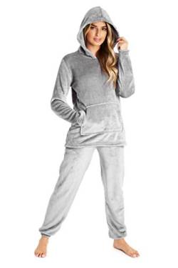 CityComfort Schlafanzug Damen Lang Flauschig Warm Winter Fleece Pyjama Damen Hausanzug Kuschelig (XL, Dunkelgrau) von CityComfort