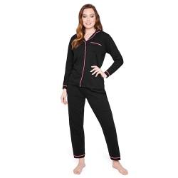 CityComfort Schlafanzug Damen Lang Pyjama Damen Baumwolle Lounge Set Damen und Teenager S - XL - Geschenke für Frauen (Schwarz, L) von CityComfort