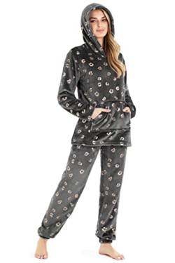 CityComfort Schlafanzug Damen Lang Warm, Fleece Pyjama Damen Hausanzug Kuschelig (L, Graues Roségold) von CityComfort