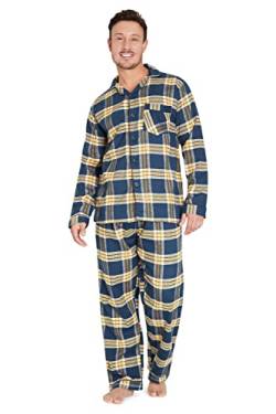 CityComfort Schlafanzug Herren Lang, Pyjama Herren Kariert zum Durchknöpfen (Marineblau/Senfgelb, L) von CityComfort