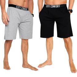 CityComfort Schlafanzughose Herren Kurz mit Seitentaschen & elastischem Bund, Pyjama Shorts Herren 2er Pack (Schwarz/Grau, L) von CityComfort