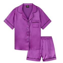 CityComfort Silk Pyjama Set für Mädchen, Kurze Schlafanzughose & Kurzärmliges Oberteil mit Kragen & Knopfleiste - Geschenke für Mädchen (Violett, 11-12 Jahre) von CityComfort