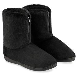 CityComfort Winter Hausschuhe Damen Mit Rutschfester Sohle - Reißverschluss, Größe 36-41, 100% Polyester - Flauschige Hausschuhe Damen (Schwarz, 37 EU) von CityComfort