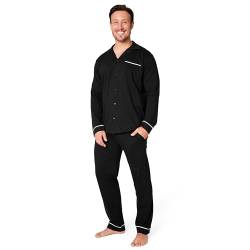 Schlafanzug Herren Lang Baumwolle Pyjama Herren mit Knopfleiste Lounge Set M - 3XL - Geschenke für Männer (Schwarz, M) von CityComfort
