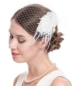 Damen 20er Jahre Fascinator Mesh Schleier Haarspangen Braut Hochzeit Tee Party Fascinator Schleier für Frauen (weiß) von Cizoe