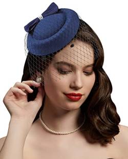 Fascinators Hüte 20er 50er Jahre Hut Pillbox Hut Cocktail Tee Party Kopfbedeckung mit Schleier für Mädchen und Frauen, C-Navy blau, Einheitsgröße von Cizoe