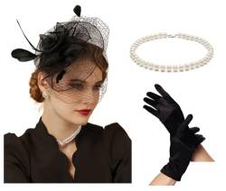 Fascinators Hüte 20er 50er Jahre Hut Pillbox Hut Cocktail Tee Party Kopfbedeckung mit Schleier für Mädchen und Frauen, D-schwarz Set-3, Einheitsgröße von Cizoe