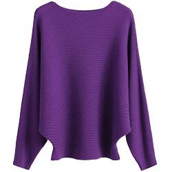 Ckikiou Damen Leichter Übergroßer U-Boot-Ausschnitt Pullover Tops Dolman Fledermausärmel Gerippte Strickpullover, A-violett, Einheitsgröße von Ckikiou