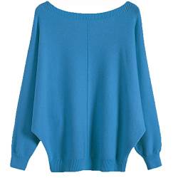 Ckikiou Damen-Pullover, leicht, übergroß, mit U-Boot-Ausschnitt, Dolman-Fledermausärmel, gerippt, gestrickt, Blau 2, Einheitsgröße von Ckikiou