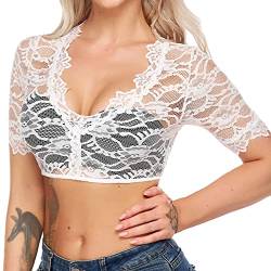 Clacce Damen Dirndlbluse Elegante Dirndl Bluse mit Spitze Trachtenbluse Kurzarm Transparent Spitzendirndlbluse für Oktoberfest Trachten Halloween Spitze Weiss & Teil transparent von Clacce