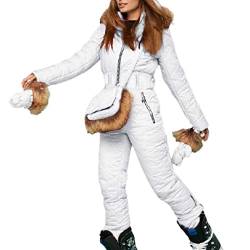 Clacce Frauen solide lässig dick heiß Snowboard Skianzug Outdoor-Sportarten Reißverschluss Baumwolle gefüttert mit Kapuze Overall Skianzug Winter Mantel Damen Große Größen (0926#03-White, XL) von Clacce