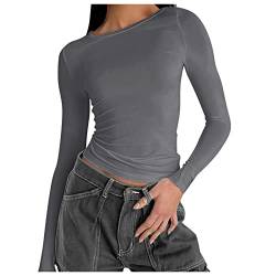 Langarmshirt Slim Fit Damen Y2K Oberteile Langarm Shirts Rundhals Cropped Tee Einfarbig Basic Crop Tops Casual Athletisches Top Teenager Streetwear Party Oberteil Damen Crop Top (Gy1-f, M) von Clacce