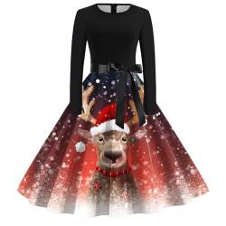 Weihnachtskleid Damen Elegant Langarm Cocktailparty Vintage Maxikleider A Linie Vintage Partykleid Weihnachtlich Bedruckt Cocktailkleid Festliche Kleider Für Frauen von Clacce