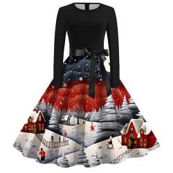 Weihnachtskleid Damen Elegant Langarm Cocktailparty Vintage Maxikleider A Linie Vintage Partykleid Weihnachtlich Bedruckt Cocktailkleid Festliche Kleider Für Frauen von Clacce