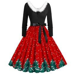 Weihnachtskleid Damen Elegant Langarm Cocktailparty Vintage Maxikleider A Linie Vintage Partykleid Weihnachtlich Bedruckt Cocktailkleid Festliche Kleider Für Frauen von Clacce