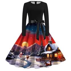 Weihnachtskleid Damen Elegant Langarm Cocktailparty Vintage Maxikleider A Linie Vintage Partykleid Weihnachtlich Bedruckt Cocktailkleid Festliche Kleider Für Frauen von Clacce