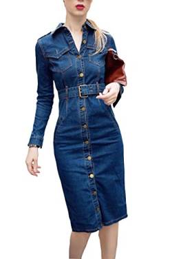 ClairSue Damen Frühling Sommer Elegant Bodycon Jeanskleid Langarm Rundhals Knopf Knielang Epaulet Denim Blusekleid Partykleid Cocktail Kleid Mit Gürtel von ClairSue