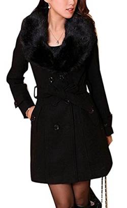 ClairSue Damen Wintermantel Wollmantel Mit Faux Pelz Kragen Parka Herbstjacke Elegant Zweireihiger Trenchcoat Lang Mantel Übergangsjacke Dufflecoat Outwear Mit Gürtel (DE 32, Schwarz) von ClairSue