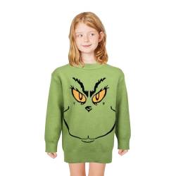 Claofoc Grinch Pullover Kinder Grinch Muster Hässliches Weihnachtsgrün Rundhalsausschnitt Langärmeliges Strick Sweatshirt (S) von Claofoc