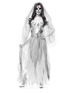 Classic Pink Damen Geisterbraut Kostüm für Halloween Karneval Fasching Kleid mit Schleier Cosplay Set Horror verkleiden Sich Weiß XL von Classic Pink