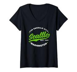 Damen Grüner Text im Vintage-Stil von Seattle, Emerald City, Washington T-Shirt mit V-Ausschnitt von Classic Retro USA City Tees