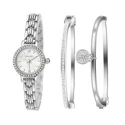 Clastyle Damenuhren und Armband Set Elegant Strass Silber Armbanduhr mit 2 Armreifen Perlmutt Armbanduhren Glänzender Edelstahlband Damen Uhr Set Geschenk von Clastyle
